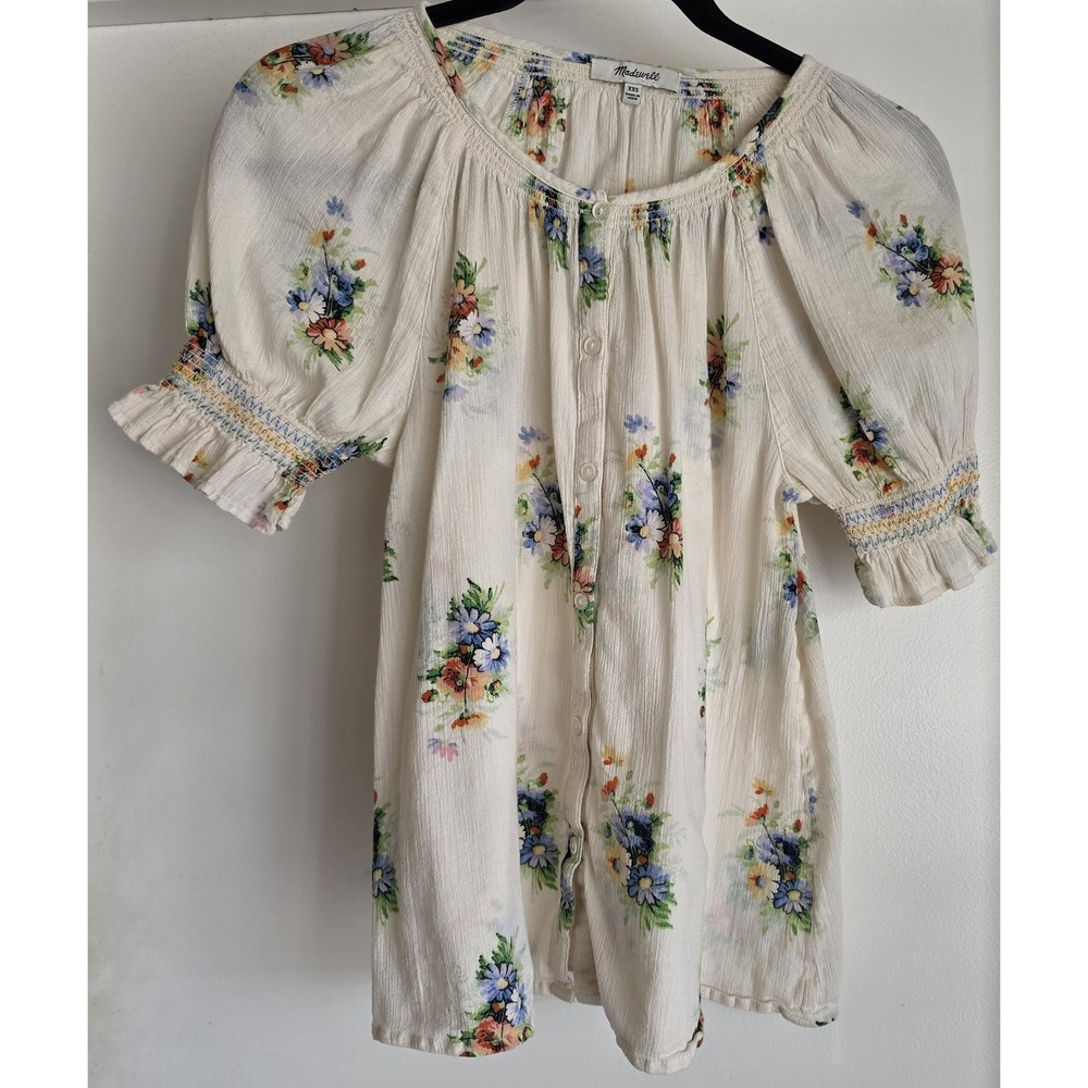 Madewell Women's Floral Blouse XXS Short Sleeve Made in India Cottagecore